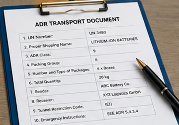 ADR transport documents and paperwork for lithium battery shipments