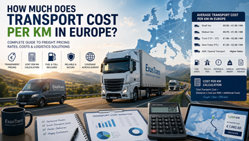 European freight transport cost per kilometer with logistics trucks highways fuel pricing and delivery calculation