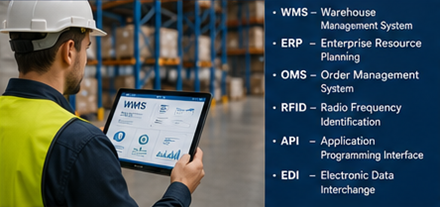 Warehouse employee using warehouse management software with barcode scanning and inventory tracking